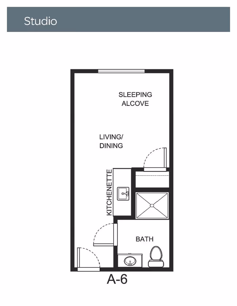 Floor plan of a studio apartment labeled A-6 showing a sleeping alcove, living/dining area, kitchenette with a sink, and a bathroom with a sink, toilet, and shower.