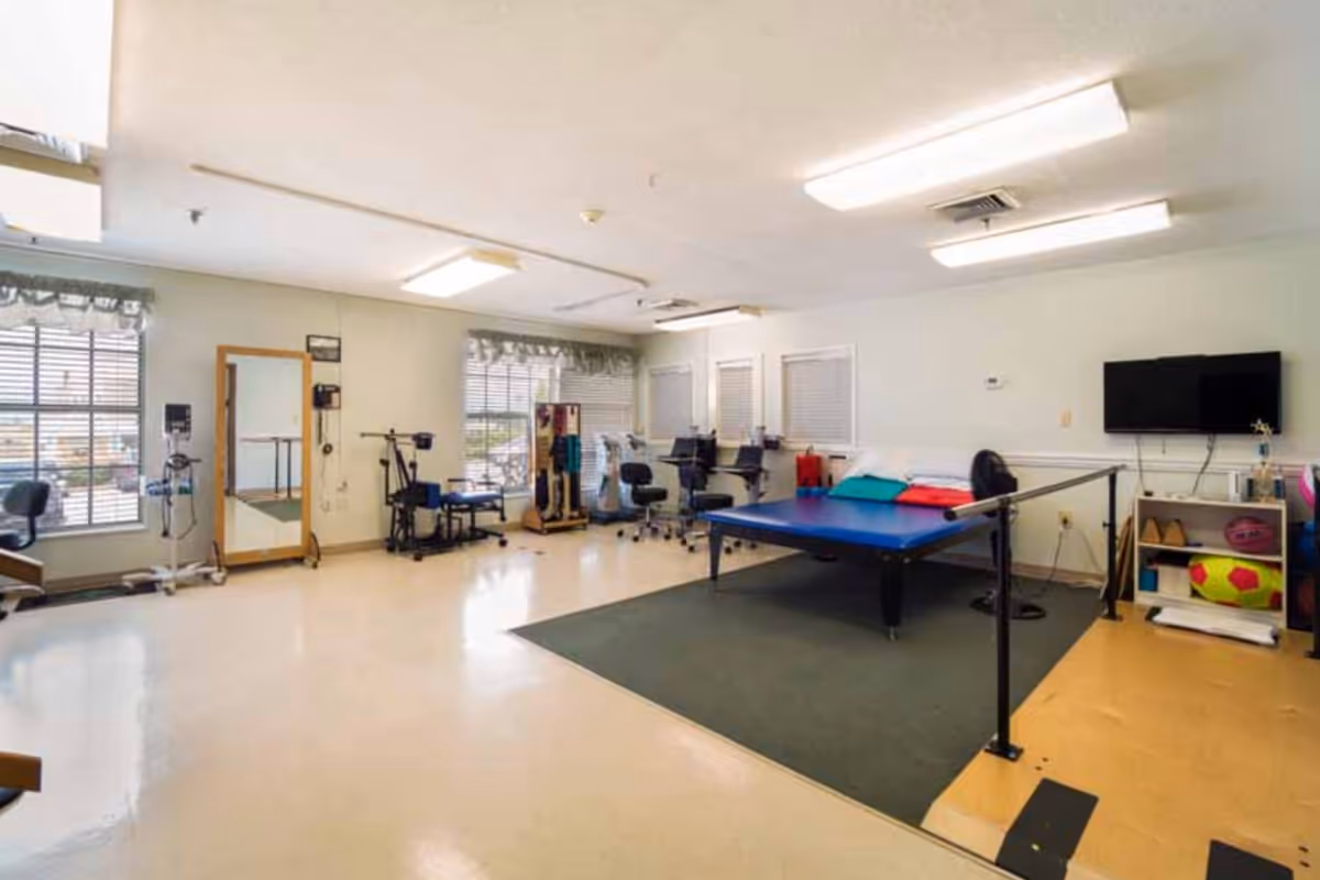 A spacious physical therapy room with exercise equipment, a large padded therapy table with pillows, chairs, a wall-mounted TV, and large windows letting in natural light.