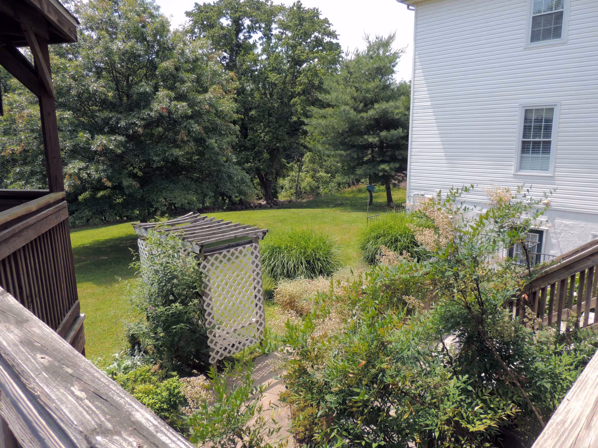 View of a green outdoor garden area with trees, bushes, and a small wooden pergola. Part of a white building with windows and wooden railings is visible on the right and left sides of the image.