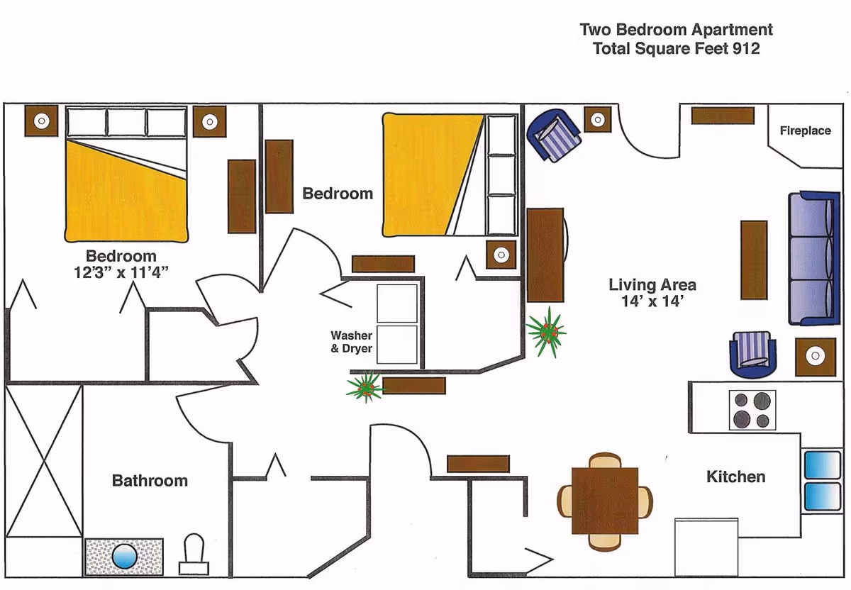 Floor plan of a two-bedroom apartment with a total area of 912 square feet. The layout includes two bedrooms, a bathroom, a living area with fireplace, a kitchen with dining table, and a washer and dryer area.