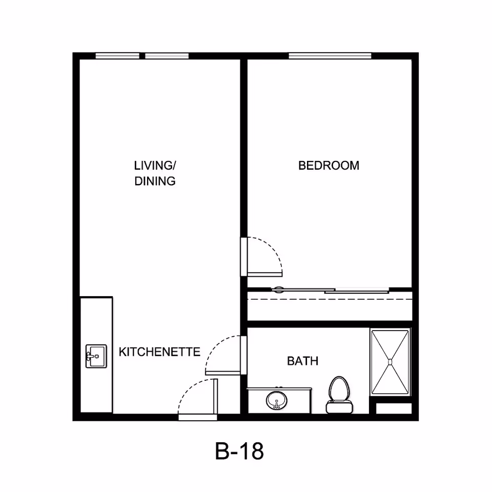 Floor plan layout of a unit labeled B-18 at La Mirada Heights, showing a living/dining area with a kitchenette, a separate bedroom, and a bathroom with a sink, toilet, and shower.