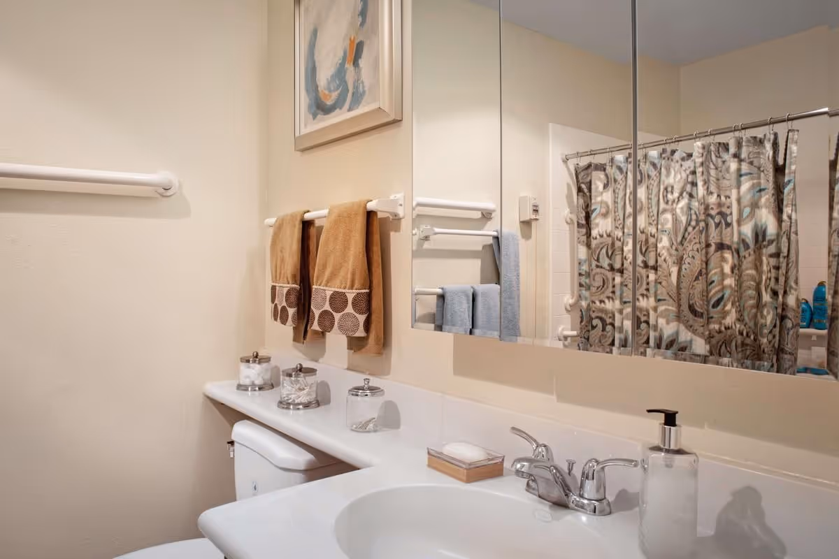 A clean bathroom with a white sink and countertop, a silver faucet, a soap dispenser, and a soap dish with a bar of soap. Above the sink is a large mirror reflecting a patterned shower curtain and grab bars. Two brown towels with patterned edges hang on a towel rack above the toilet. Several glass containers with cotton balls and other toiletries are on the countertop.