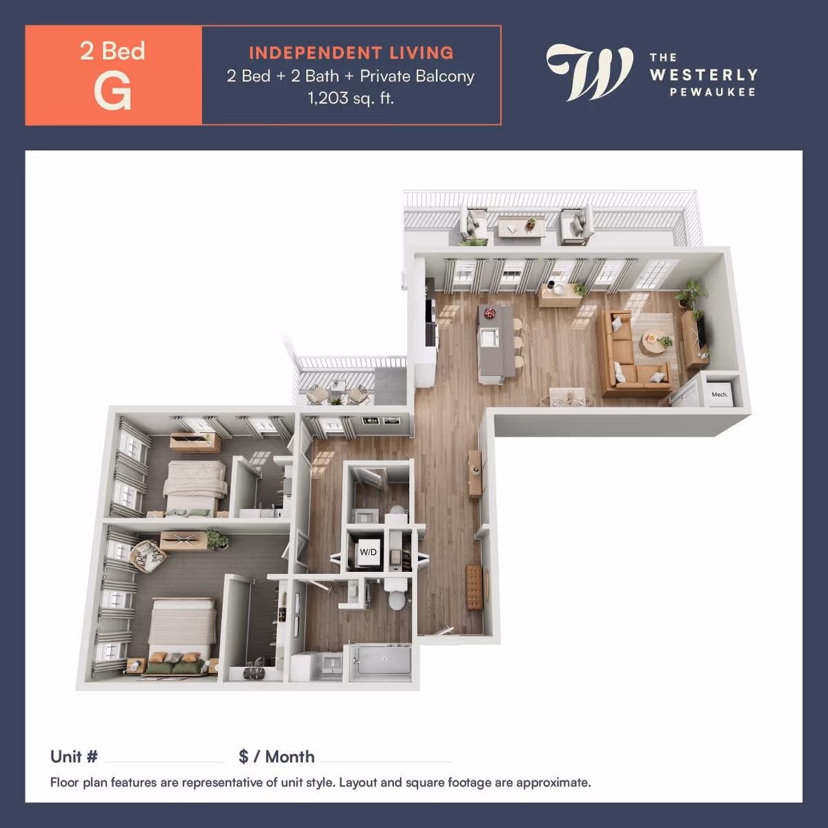 3D floor plan of a 2-bedroom, 2-bathroom independent living unit with a private balcony at The Westerly Pewaukee. The layout includes a living room with seating and TV, an open kitchen with an island and dining area, two bedrooms, two bathrooms, a washer/dryer area, and a balcony with outdoor seating.