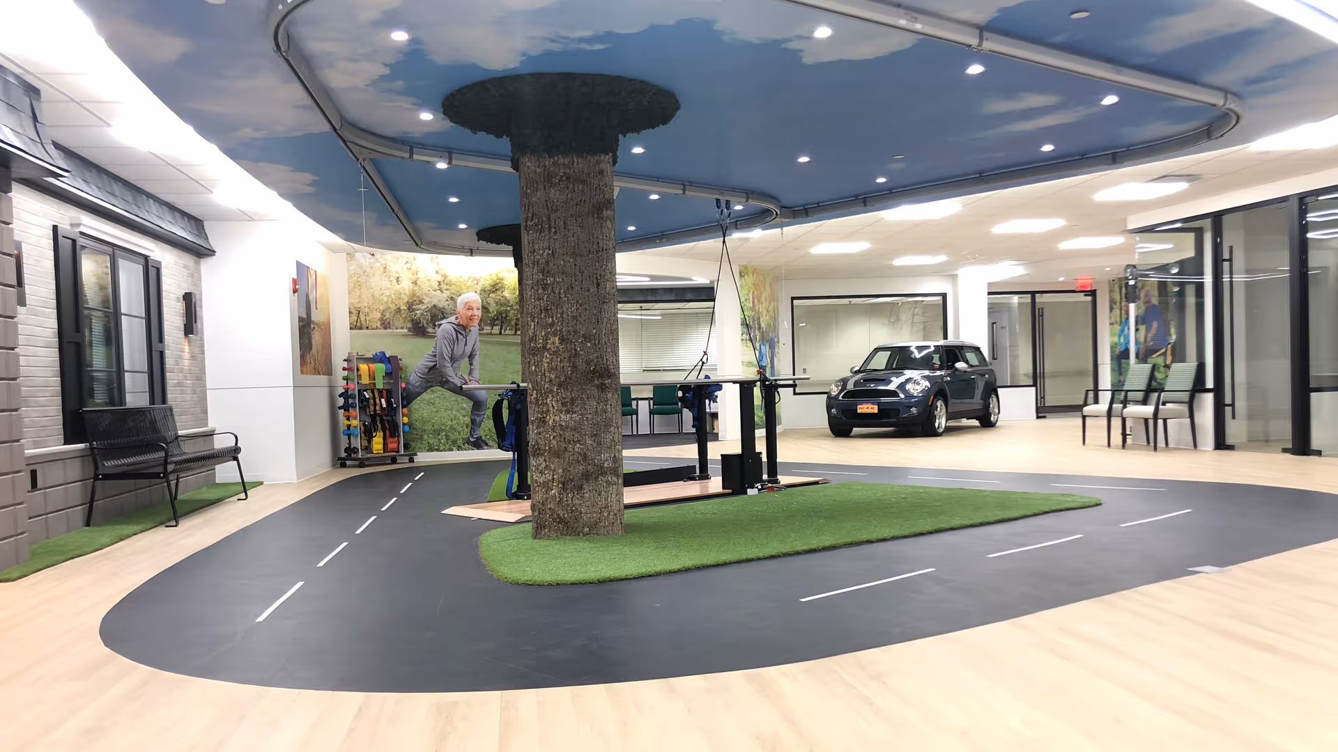 Indoor rehabilitation area with a small black car on a track, artificial grass, and a large tree trunk structure in the center. The ceiling is painted with blue sky and clouds. Benches and exercise equipment are visible along the walls.