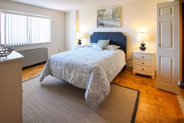 A bright bedroom with a large bed covered in a patterned gray and white comforter, two white nightstands with black lamps on either side, a painting above the bed, a window with vertical blinds, a dresser with a decorative bowl, and a beige area rug on a wooden parquet floor.
