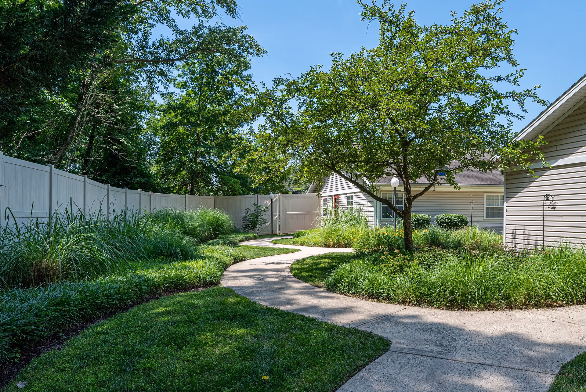 A winding concrete pathway surrounded by green grass, bushes, and trees leads to a white fence gate. There are beige buildings with windows and a lamp post visible in the background under a clear blue sky.