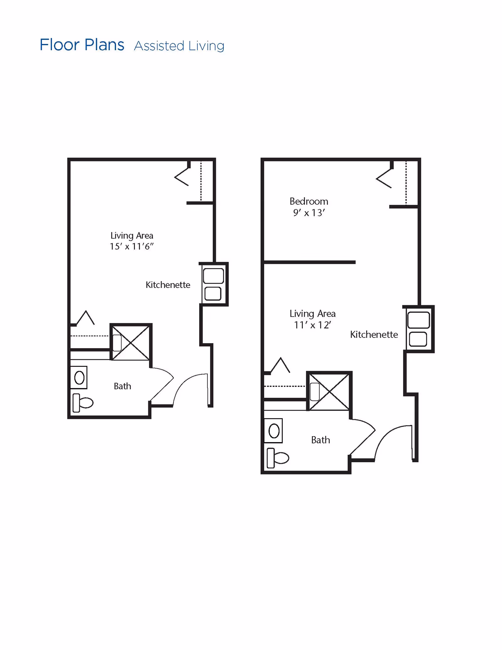 Two assisted living floor plans from Brookdale Lexington showing layouts with living areas, kitchenettes, bathrooms, and one includes a bedroom. Dimensions are provided for each room.