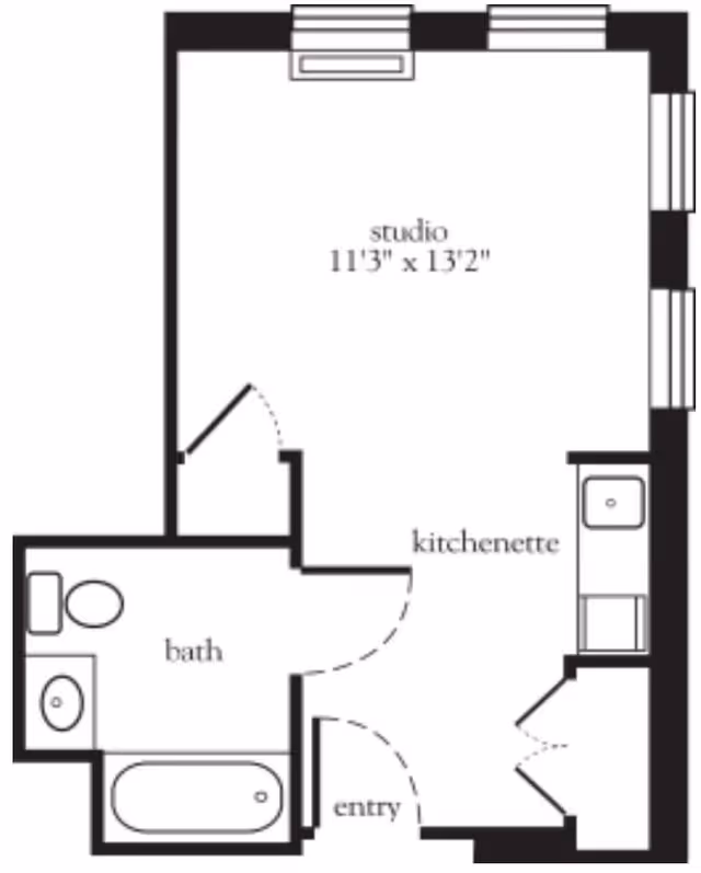 Floor plan of a studio apartment at Atria Bay Shore showing a studio room measuring 11 feet 3 inches by 13 feet 2 inches, a kitchenette, a bathroom with a toilet, sink, and bathtub, and an entry area.