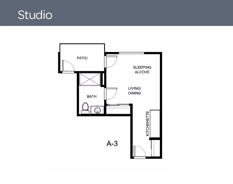 Black-and-white studio apartment floor plan labeled A-3 showing a patio, bath, sleeping alcove, living/dining area, and kitchenette.