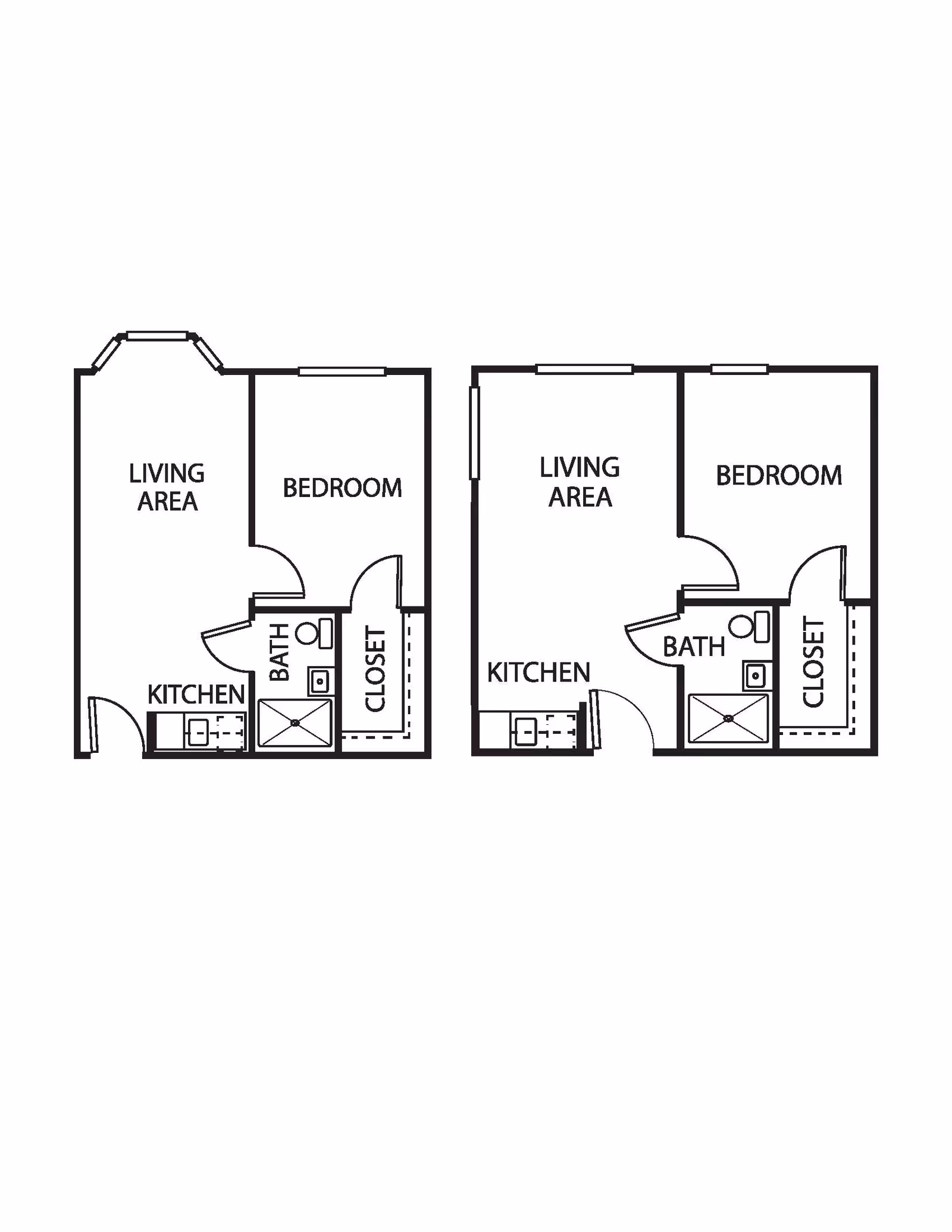 Two black and white architectural floor plans side by side, each showing a layout with a living area, bedroom, kitchen, bathroom, and closet.