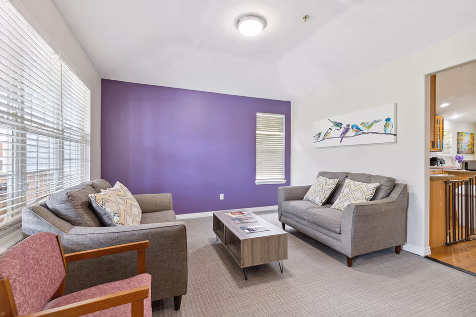 Well-lit living room with two gray sofas, a purple accent wall, a central coffee table and an armchair by large windows.