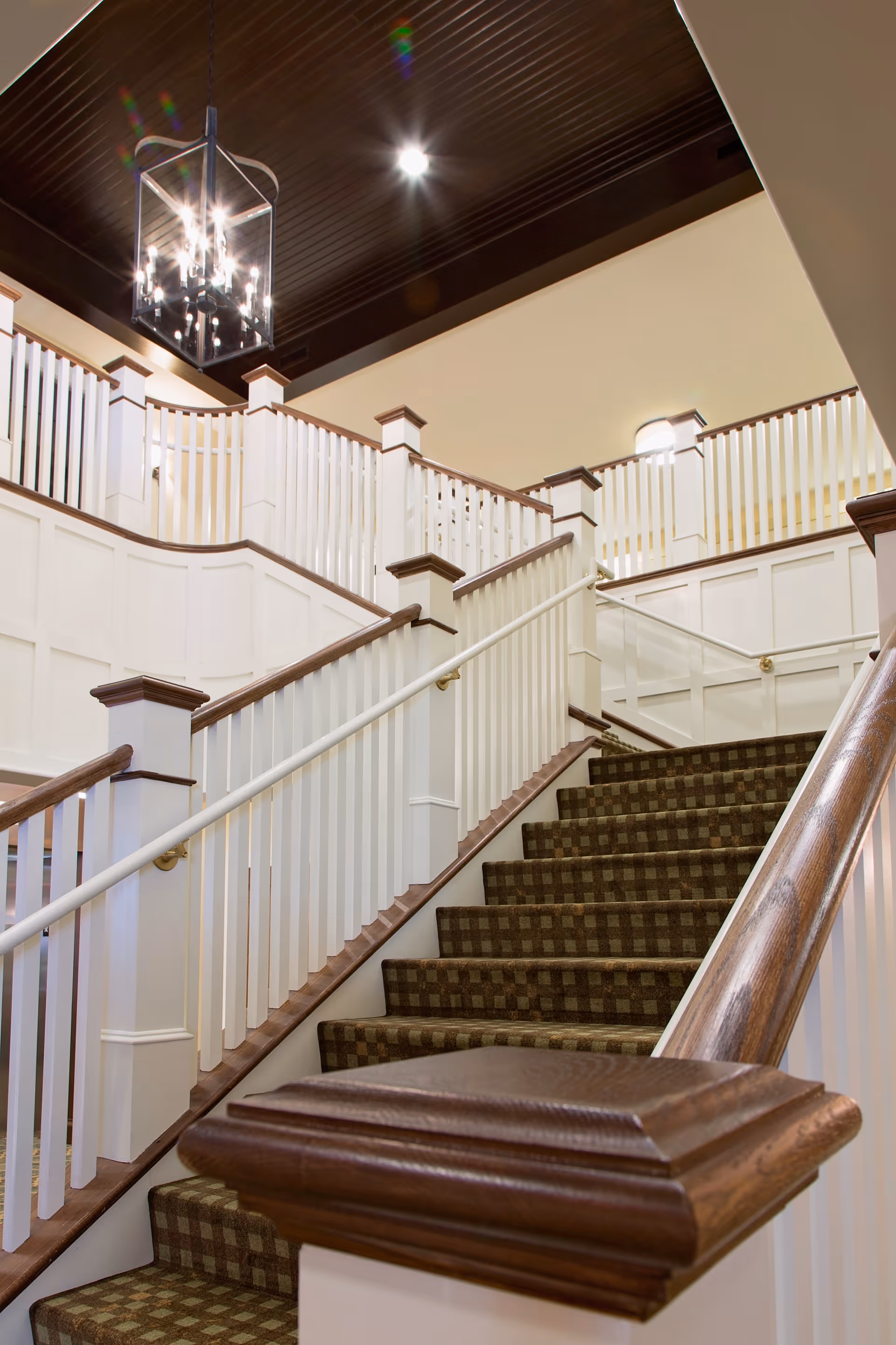 Carpeted staircase with white wooden railings and dark wood handrails leading to an upper floor in a well-lit interior space with a dark wood ceiling and a hanging light fixture.