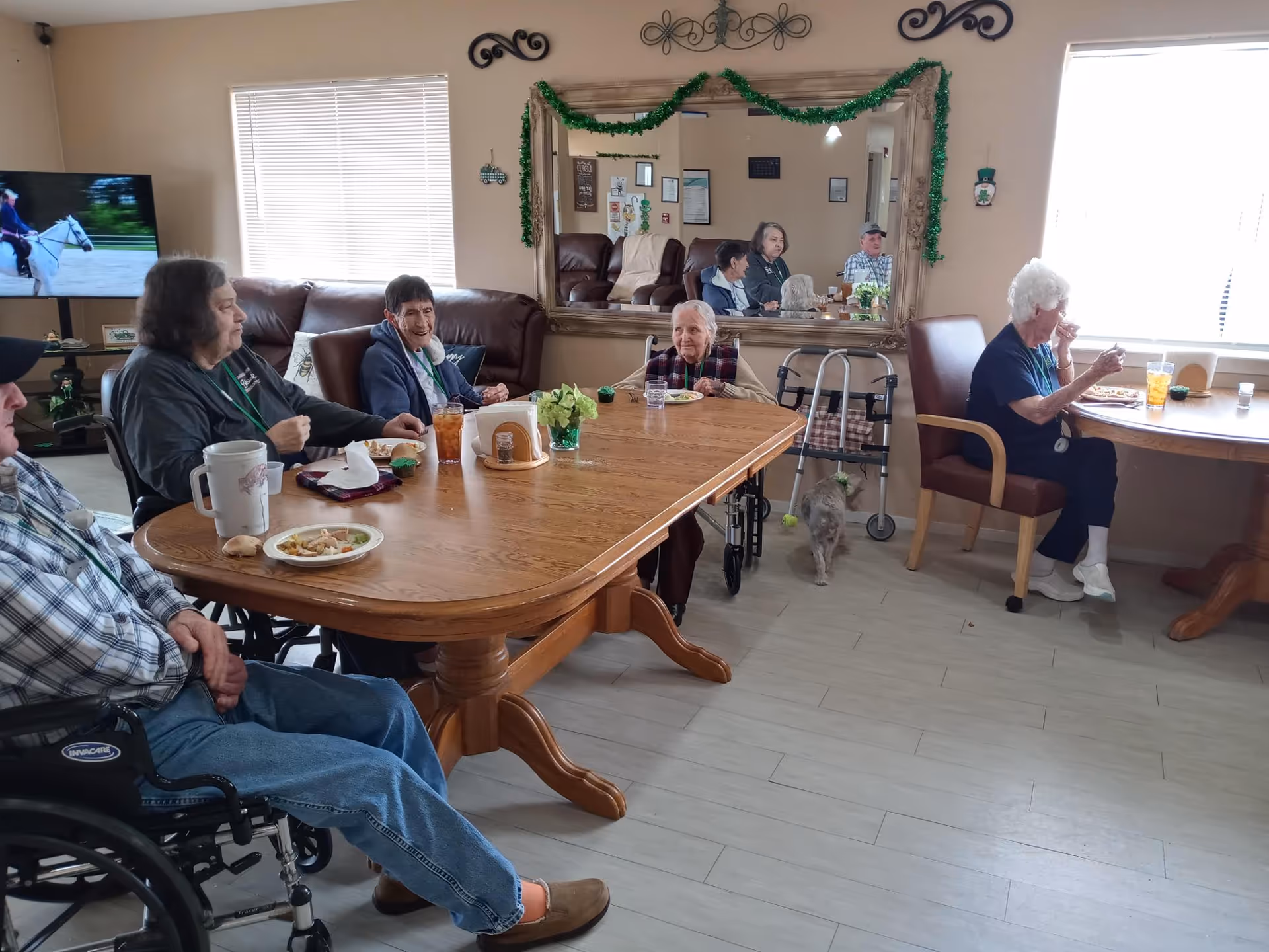 A group of elderly people sitting around a wooden dining table in a well-lit room with large windows. Some are in wheelchairs and one person is seated at a smaller round table near the window. There is a large mirror on the wall decorated with green garland, and a television is visible in the background showing a person riding a horse. A small dog is walking near the table.