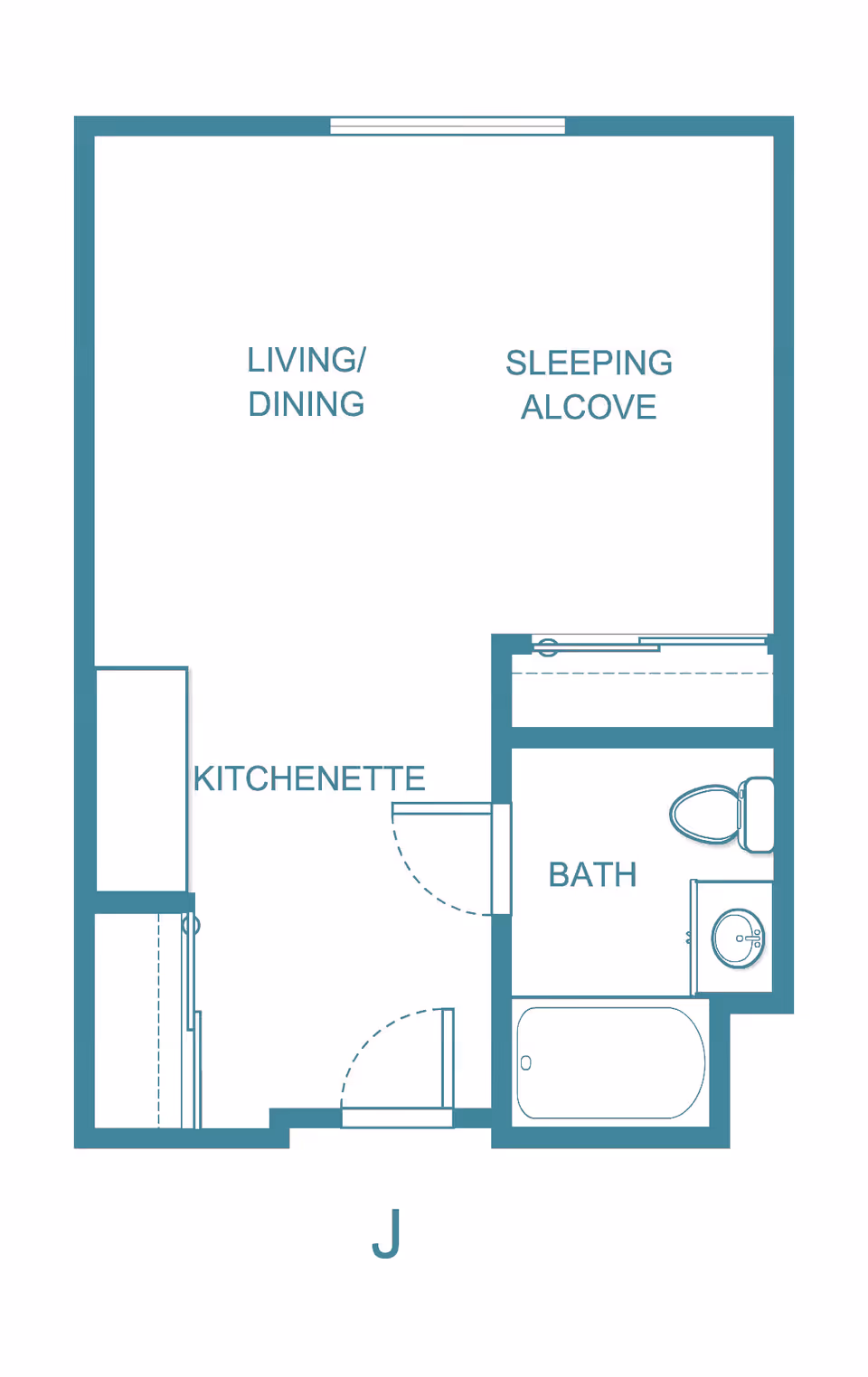 Floor plan layout of a senior living unit labeled J, showing a living/dining area, sleeping alcove, kitchenette, and bathroom with a bathtub, toilet, and sink.