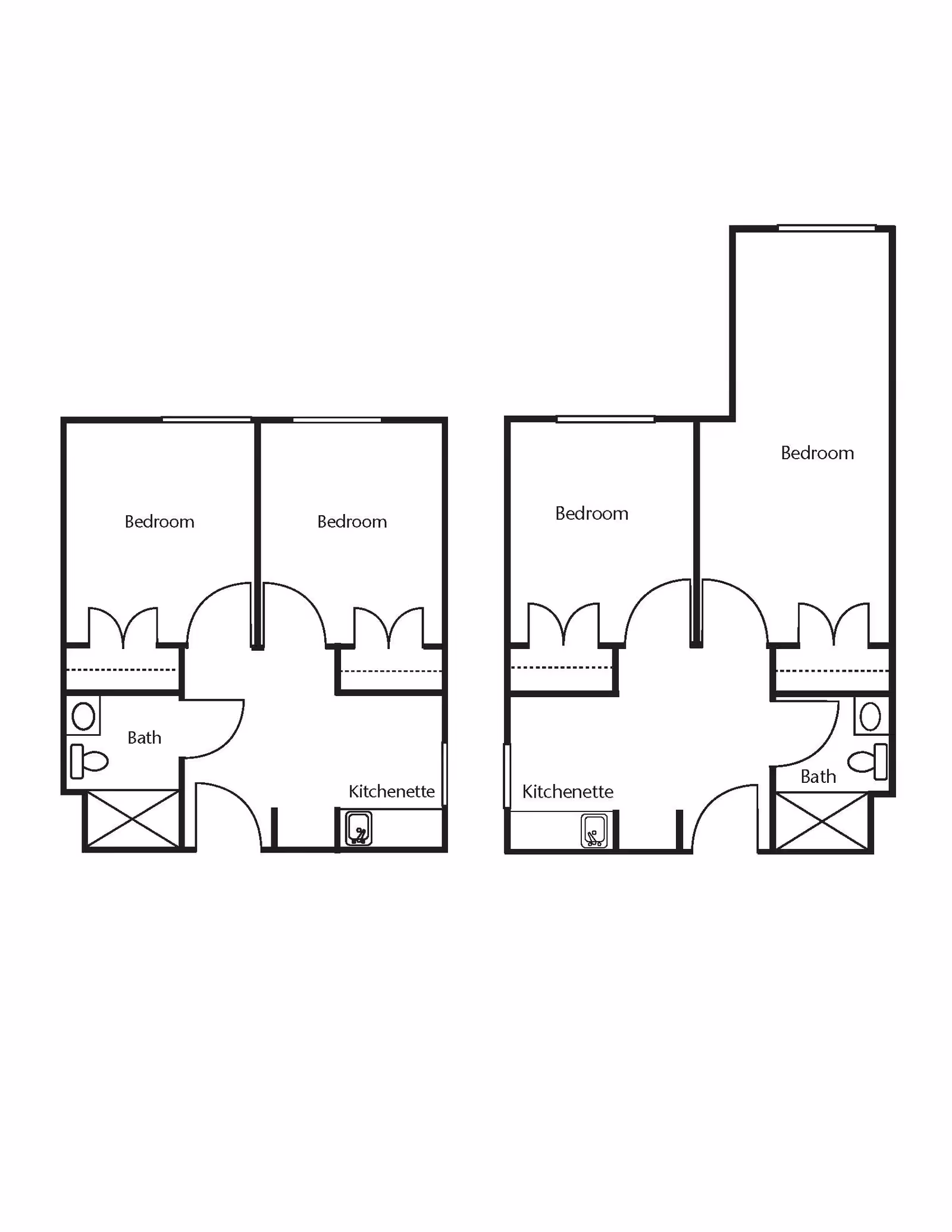 Architectural floor plan showing two similar apartment layouts, each with two bedrooms, a bathroom, and a kitchenette.