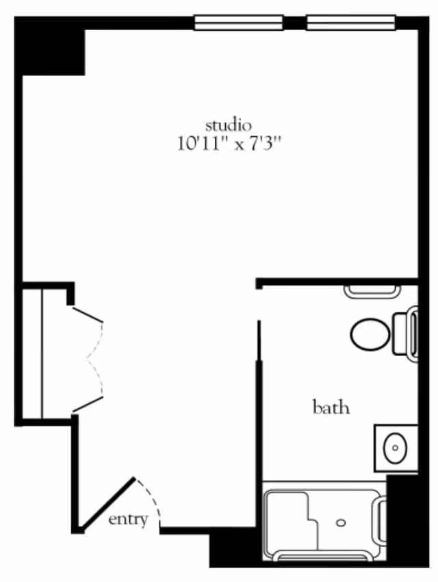 Floor plan of a studio apartment at Atria Merrimack Place showing an entry area, a studio room measuring 10 feet 11 inches by 7 feet 3 inches, and a bathroom with a toilet, sink, and bathtub.