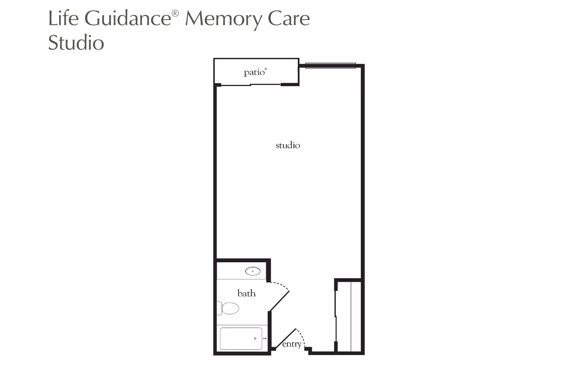 Floor plan diagram of a studio apartment showing a studio area, patio, bathroom, and entry.