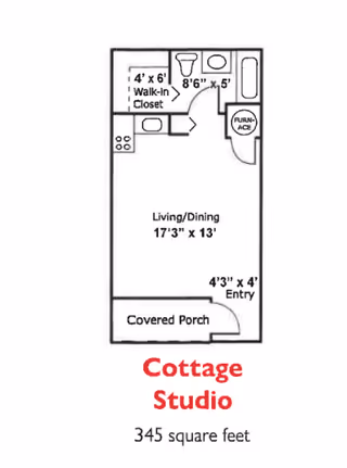 Floor plan of a Cottage Studio apartment with a covered porch, entry, living/dining area, kitchen, walk-in closet, bathroom, and furnace. The total area is 345 square feet.