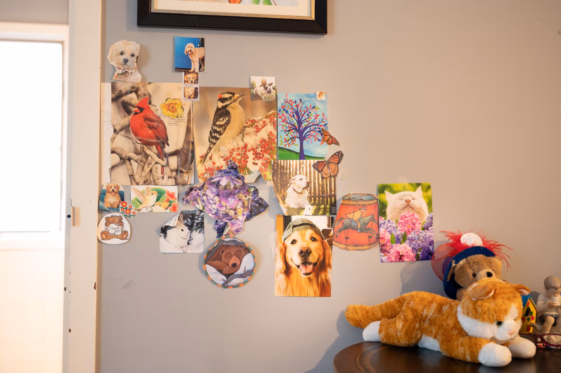 A wall decorated with various colorful pictures of animals including dogs, birds, cats, and butterflies. Below the pictures, there is a table with a stuffed orange and white cat toy and a teddy bear wearing a blue and red hat.