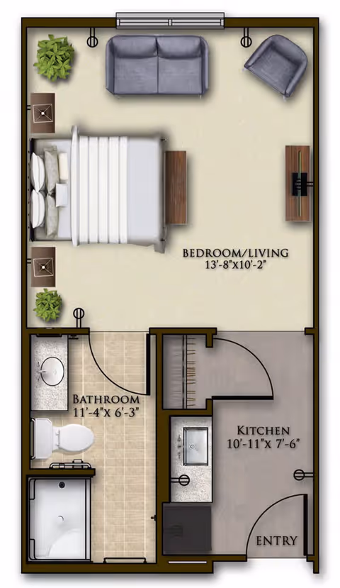Top-down floor plan of a studio apartment showing a combined bedroom/living area, kitchen, bathroom, and entry.