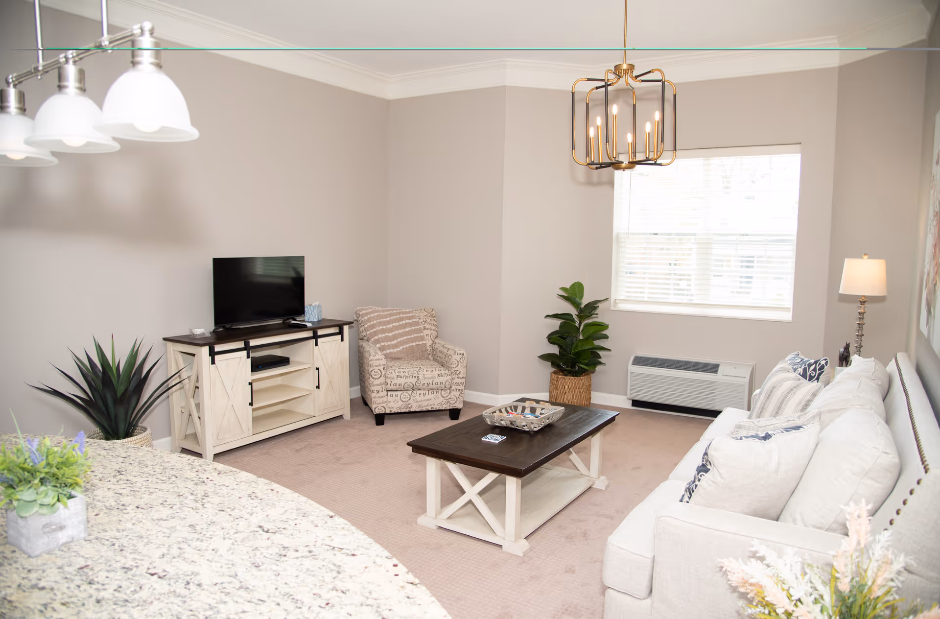 A cozy living room with a beige carpet and light gray walls. The room features a white sofa with multiple cushions, a patterned armchair, a wooden coffee table with a decorative tray, and a TV on a white wooden stand. There are two potted plants, a window with blinds, a floor lamp, and a modern chandelier hanging from the ceiling. A granite countertop is partially visible in the foreground.