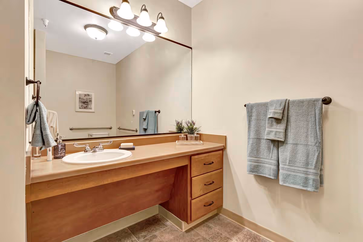 A bathroom vanity area with a large mirror above a wooden countertop and sink. There are three light fixtures above the mirror, a soap dispenser, a small tray with decorative plants, and three drawers under the countertop. Two gray towels hang on a towel rack on the right wall, and another towel hangs on a hook on the left side. The walls are painted beige and the floor has tile flooring.