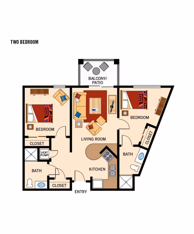 Illustrated two-bedroom apartment floor plan showing living room, kitchen, two bathrooms, closets, and a balcony/patio.