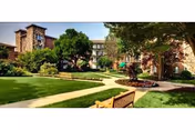 Sunlit landscaped courtyard with benches, walkways, trees, and a multi-story brick senior living building in the background.