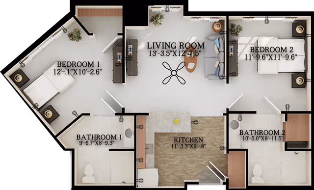 Floor plan of a residential unit at Harmony at Brookberry Farm showing two bedrooms, two bathrooms, a living room, and a kitchen with dimensions labeled for each room.