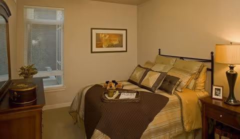 A cozy bedroom with a neatly made bed featuring multiple pillows and a brown throw blanket. There is a wooden nightstand with a lamp and a small framed photo, and a wooden dresser with a plant and a mirror. A framed artwork hangs on the beige wall above the bed, and a window with blinds is visible on the left side.