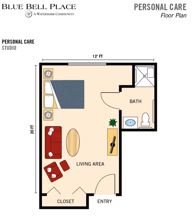Floor plan of a studio apartment at Blue Bell Place showing a living area with a bed, sofa, armchair, coffee table, TV stand with a TV, a closet, and a bathroom with a shower, toilet, and sink.