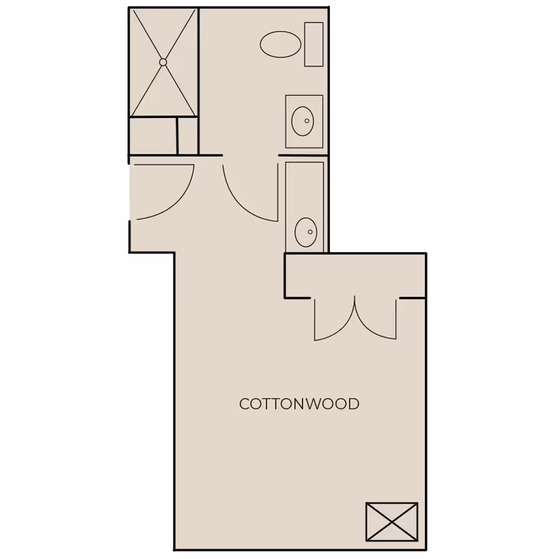 Floor plan layout labeled Cottonwood showing a main room with a closet, a bathroom with a shower, toilet, and two sinks.