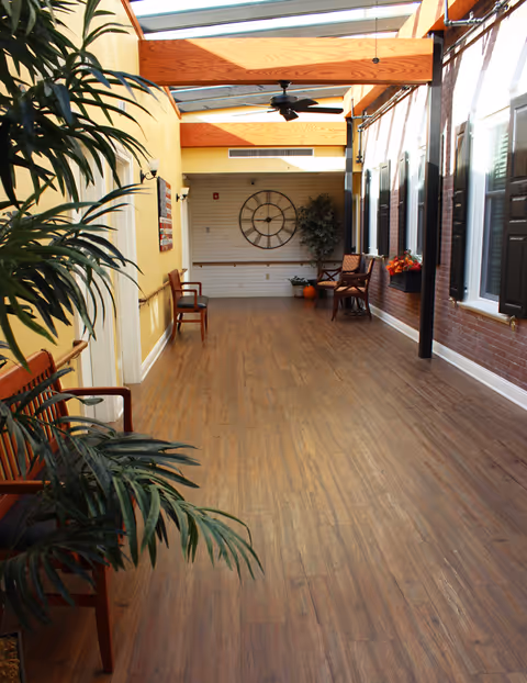 Sunlit interior corridor with wood flooring, benches, potted plants, a large wall clock and skylights.