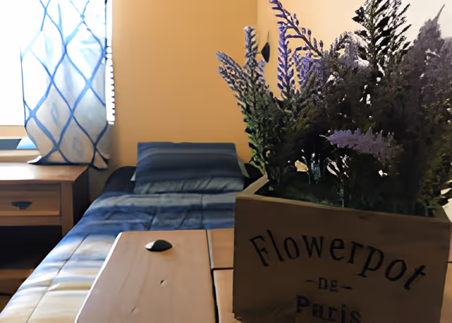 Single bedroom with a made twin bed, nightstand by a curtained window, and a wooden flowerpot in the foreground.
