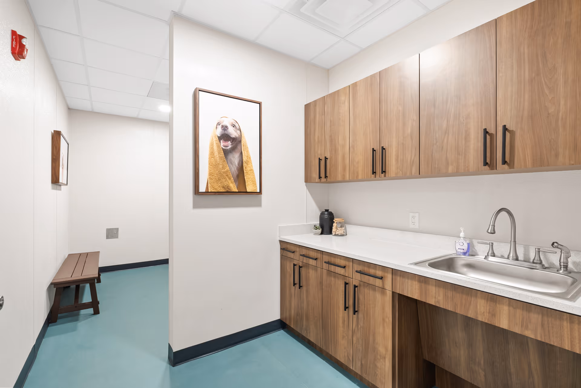 A clean utility or kitchenette area with wooden cabinets, a white countertop, and a stainless steel sink with a faucet. On the countertop, there are a few small decorative items and a bottle of hand soap. The floor is teal-colored, and the walls are white. A framed picture of a dog wrapped in a yellow towel hangs on the wall. In the background, there is a wooden bench along the wall and another framed picture.