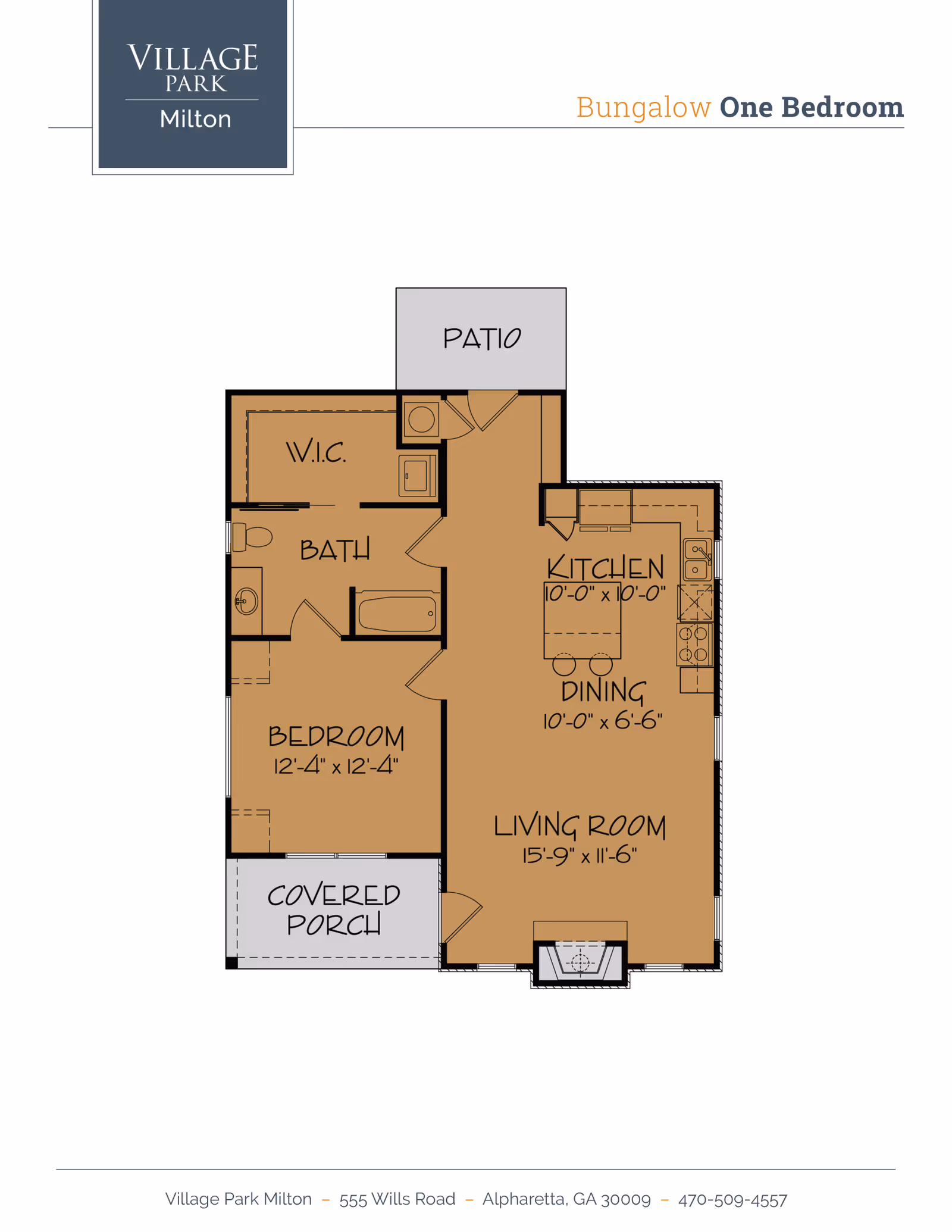 One-bedroom bungalow floor plan showing living room, kitchen and dining area, bedroom with walk-in closet, bathroom, covered porch and patio.