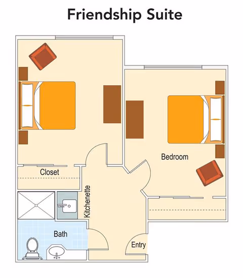 Floor plan of the Friendship Suite at Volante of Dunedin showing two bedrooms each with a bed, chair, and dresser, a closet, a kitchenette, a bathroom with a toilet, sink, and shower, and an entry area.