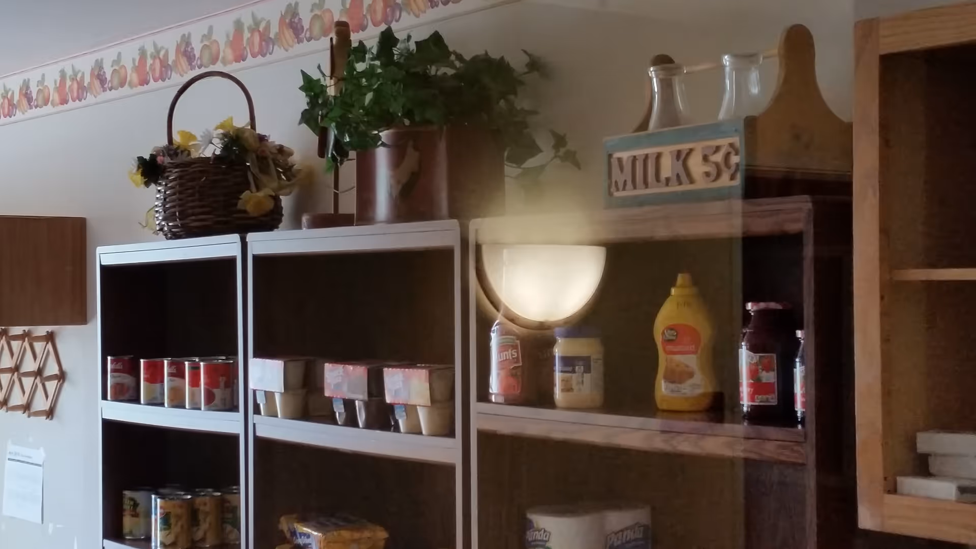 Interior view of a pantry or storage area with shelves holding canned goods, condiments, and other food items. There is a basket with artificial flowers and a potted plant on top of the shelves. The wall has a decorative fruit-themed border near the ceiling.