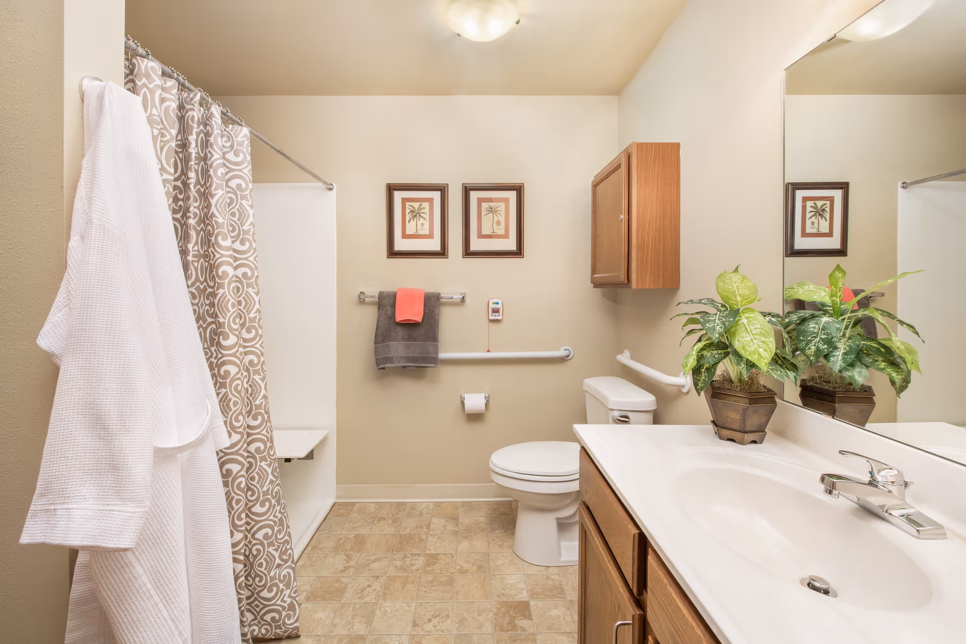 Accessible bathroom with a shower and patterned curtain, toilet, sink with countertop and potted plant, grab bars, and hanging robe.