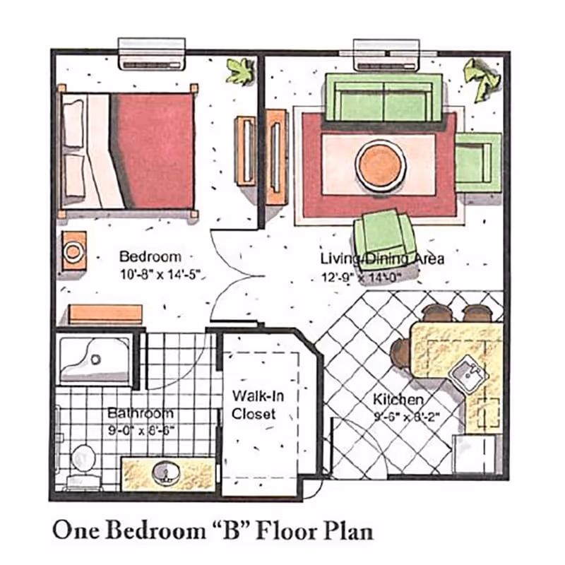 Floor plan of a one-bedroom apartment labeled 'One Bedroom B Floor Plan' showing a bedroom with a bed and nightstand, a bathroom with a bathtub, toilet, and sink, a walk-in closet, a living and dining area with sofa, chairs, and a table, and a kitchen with a counter, sink, and stools.