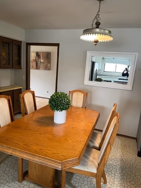 A dining room with a wooden table and six matching chairs. A small green potted plant is centered on the table. There is a hanging light fixture above the table. A window-like opening in the wall shows a kitchen area with a refrigerator and countertop. The floor has a patterned linoleum surface, and a doorway leads to another room with a piece of abstract wall art.