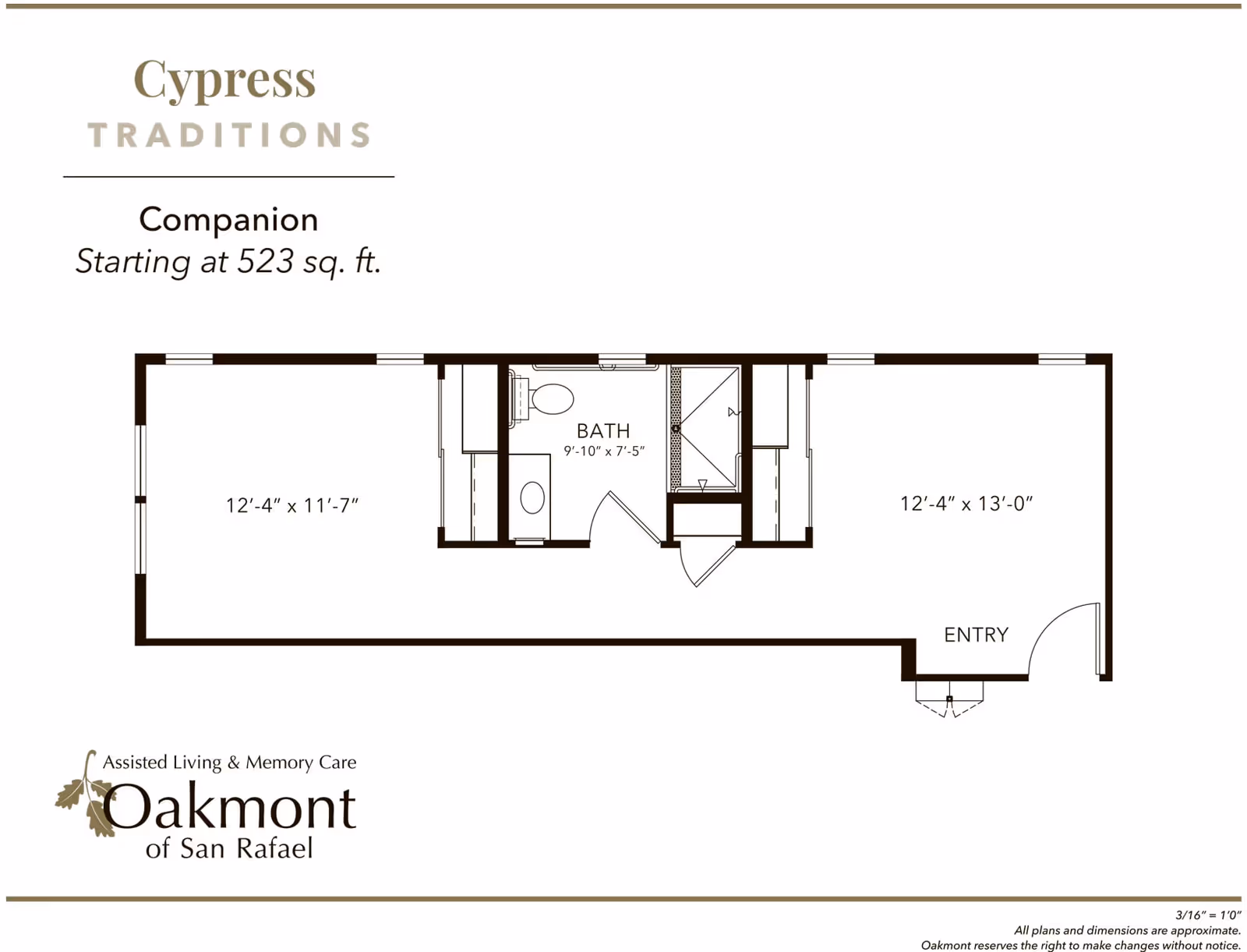 Floor plan titled 'Cypress Traditions Companion' showing two main rooms, a central bath, and an entry for Oakmont of San Rafael.