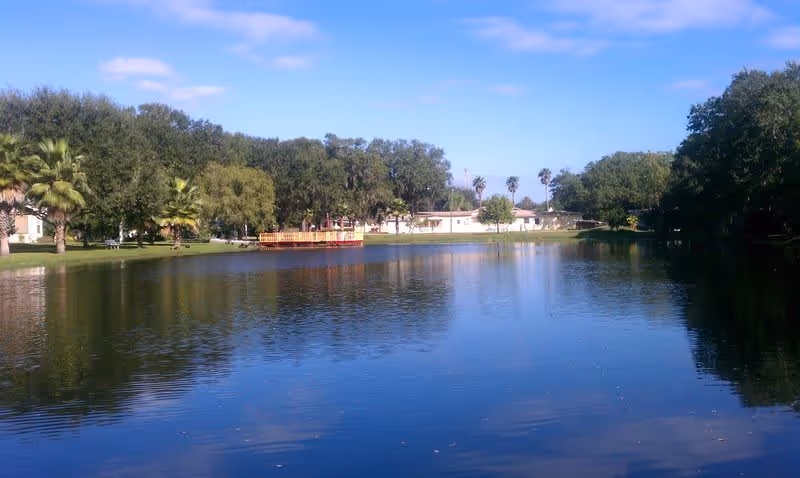 A serene outdoor scene featuring a calm lake surrounded by trees and greenery under a blue sky with some clouds. There is a wooden dock or platform on the far side of the lake with a few people standing on it, and residential buildings are visible in the background.