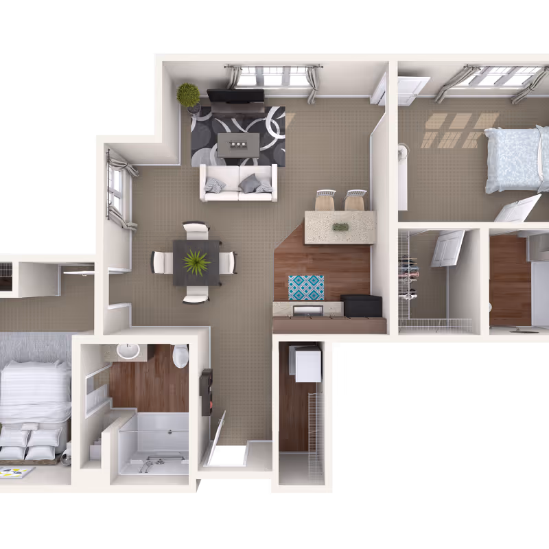 Top-down view of a furnished apartment floor plan showing a living room with a sofa, coffee table, TV, and plant, a dining area with a table and four chairs, a kitchen with a counter and two stools, two bedrooms with beds, a bathroom with a shower, sink, and toilet, and closets.