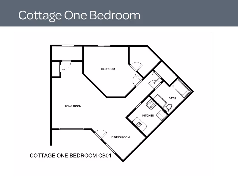 Floor plan layout of a one-bedroom cottage showing a bedroom, living room, dining room, kitchen, and bathroom.
