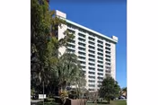Tall white multi-story building with balconies and surrounding palm trees under a blue sky.