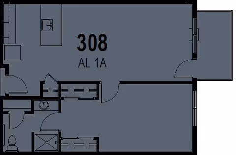 Architectural floor plan layout of unit 308 labeled AL 1A, showing rooms including a kitchen area, bathroom with toilet and shower, closets, and a main living space with a door leading to a balcony or outdoor area.