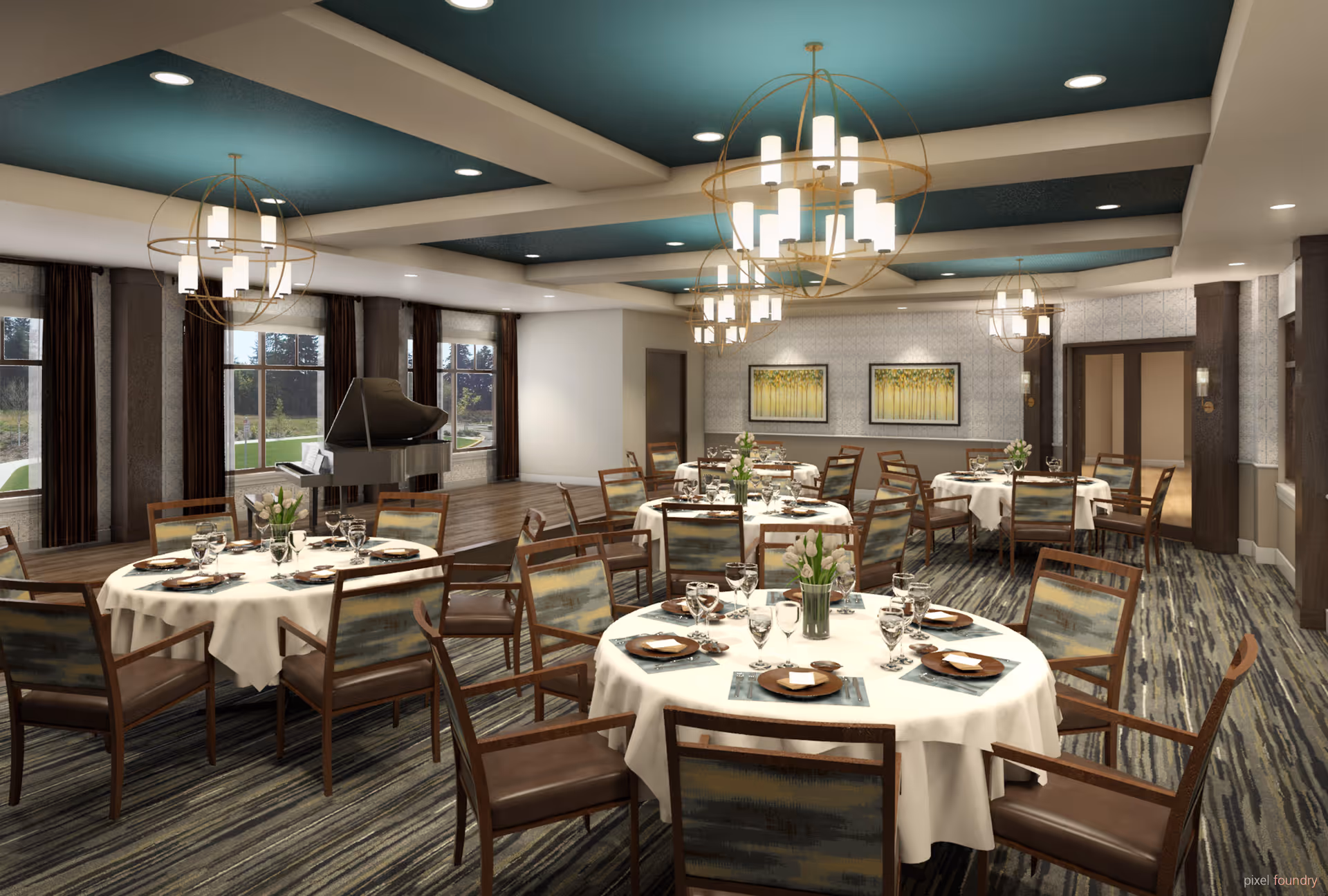 A spacious dining room with round tables covered in white tablecloths, each set with plates, glasses, and napkins. The room features wooden chairs with patterned cushions, large windows with dark curtains, a grand piano near the windows, modern chandeliers hanging from a ceiling with teal accents, and framed artwork on the walls.