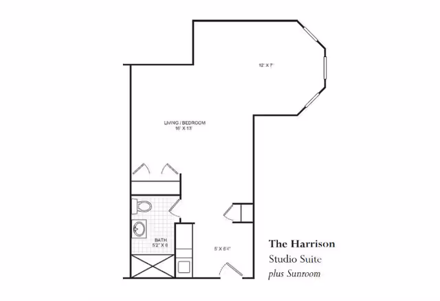 Floor plan titled 'The Harrison Studio Suite plus Sunroom' showing a studio living/bedroom, bathroom, kitchenette and angled sunroom.