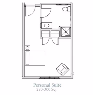 Floor plan of a personal suite measuring 280-300 square feet, showing a bedroom area with a bed and chair, a bathroom with a toilet and shower, and a small closet space.